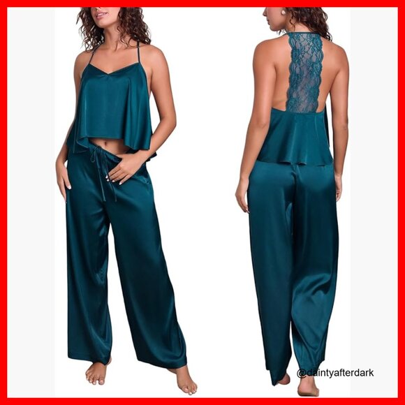 Satin Pajama Set with Lace Back Cami Top and Wide Leg Pants